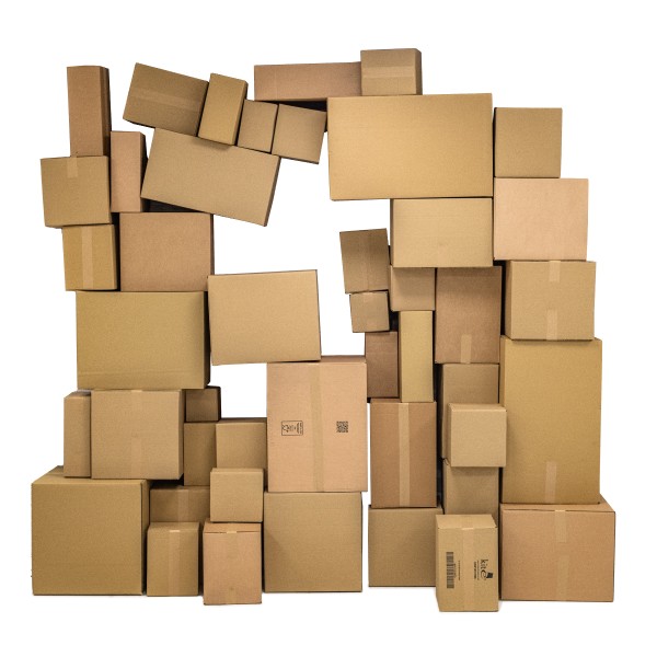 different sizes of cardboard boxes stacked on top of each other